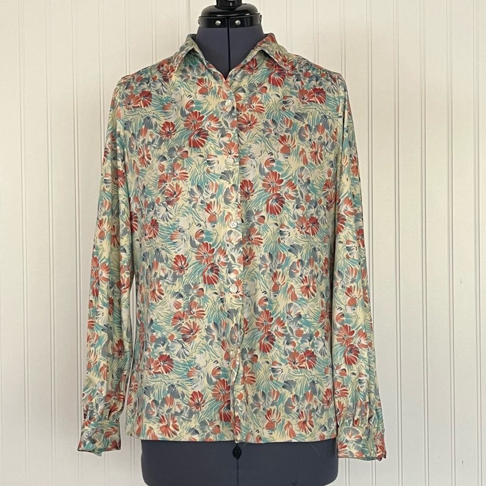 Vintage Colorful Button Down Blouse Abstract Flowers Bohemian Ruffle Shoulder